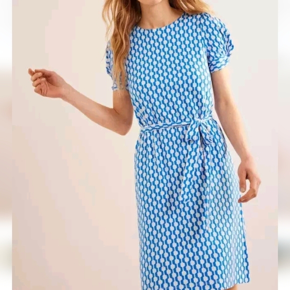Boden New Moroccan Blue Geo Azure Knot Detail Jersey Knit Dress Womens Size 8 - Picture 3 of 13